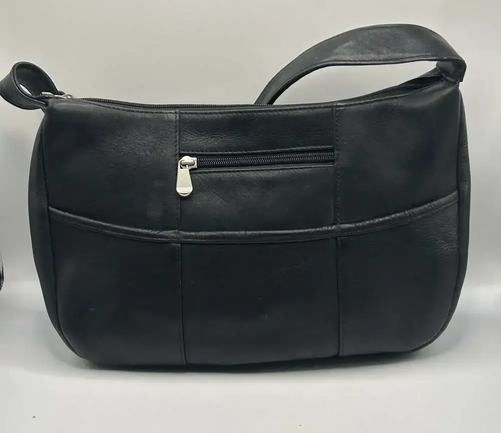 Vintage Black Leather Hobo Shoulder Bag Zip Top Everyday Purse